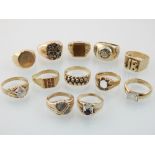 Twelve 9ct gold gentlemen's finger rings, some Edwardian, some with white stones,