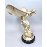 After Sykes, a large "Spirit Of Ecstasy" plated cast metal model on circular ebonised plinth,