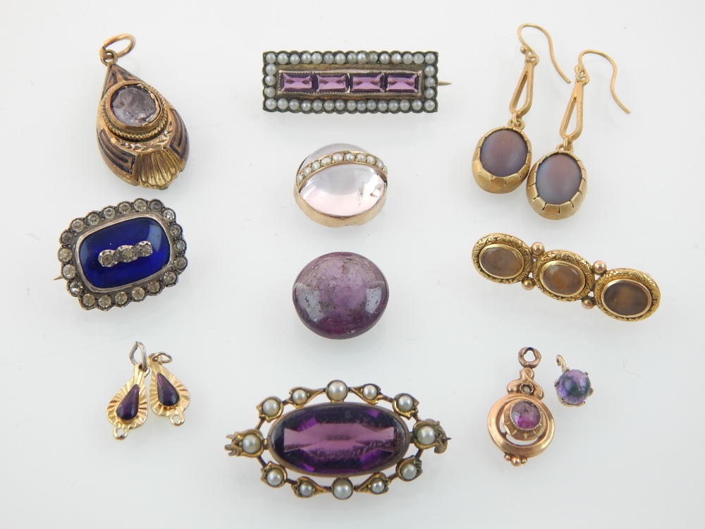 Victorian rectangular amethyst and seed pearl brooch,with three other brooches and sundry drops,