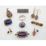 Victorian rectangular amethyst and seed pearl brooch,with three other brooches and sundry drops,