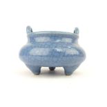 Chinese blue crackled glazed incense burner, raised on three feet, 9cm h