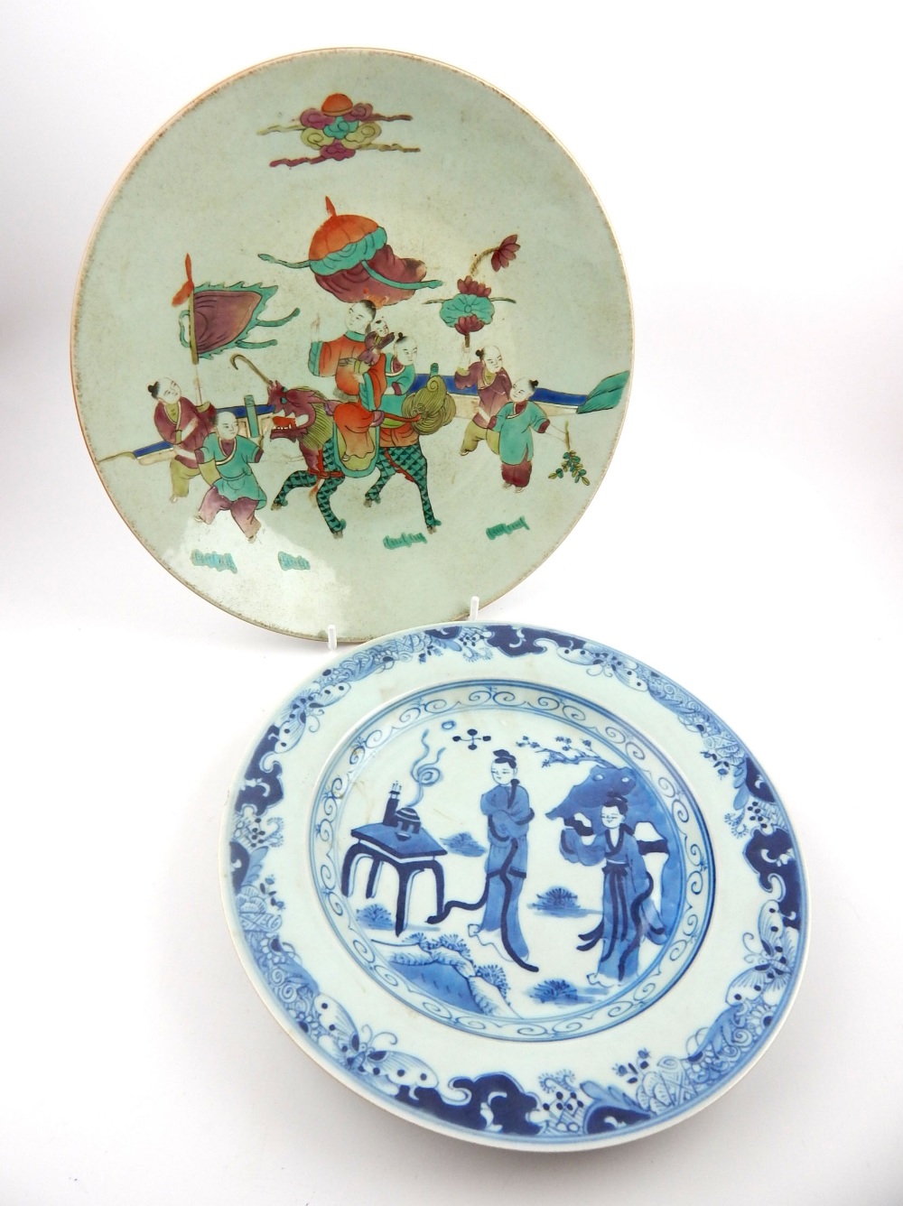 Late 18th / early 20th century blue and white porcelain saucer and a famille verte Chinese porcelain