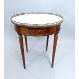 Louis XVI design circular mahogany centre table with brass galleried white marble top over two