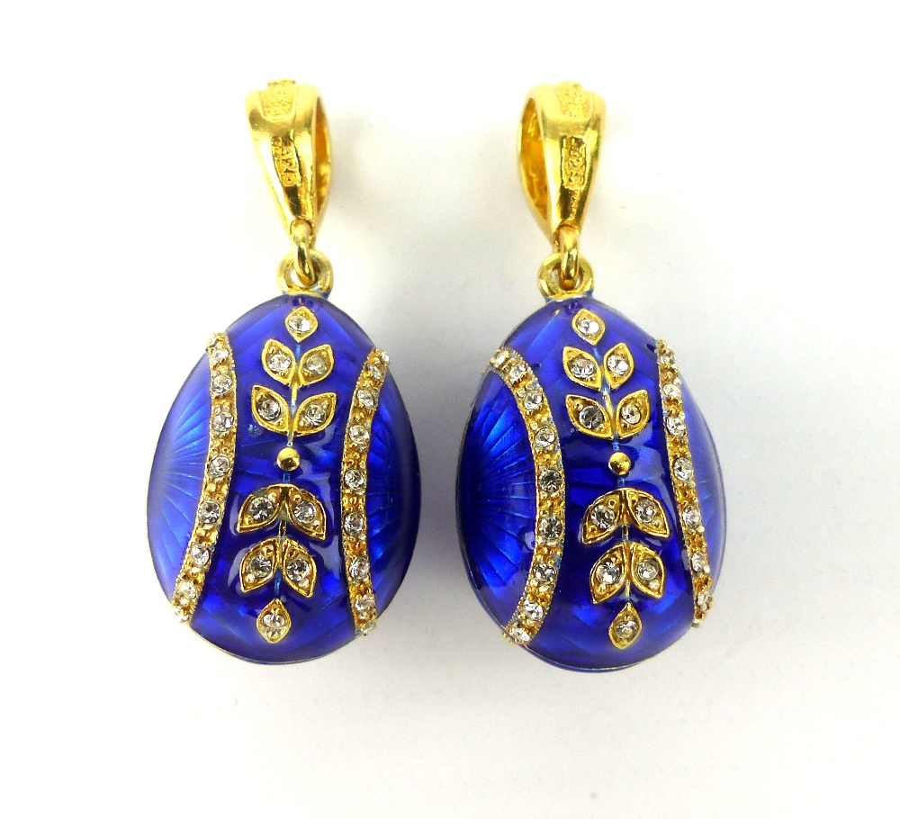 Pair of blue guilloche enamel egg pendants with floral decoration. - Image 2 of 4