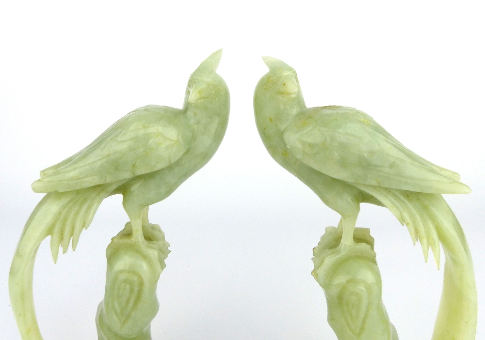 A pair of Chinese carved celadon jade phoenix birds perched on tree stumps, circa 1900s, 14cm - Image 2 of 5