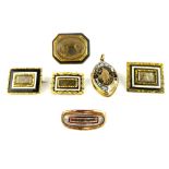 19th C mourning brooches and pendants, one engraved 1827, gilded and enamel decoration. (6)