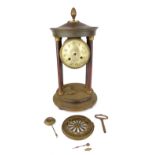 Early 20th C portico clock, pineapple finial, four columns, brass cross keys mechanism.