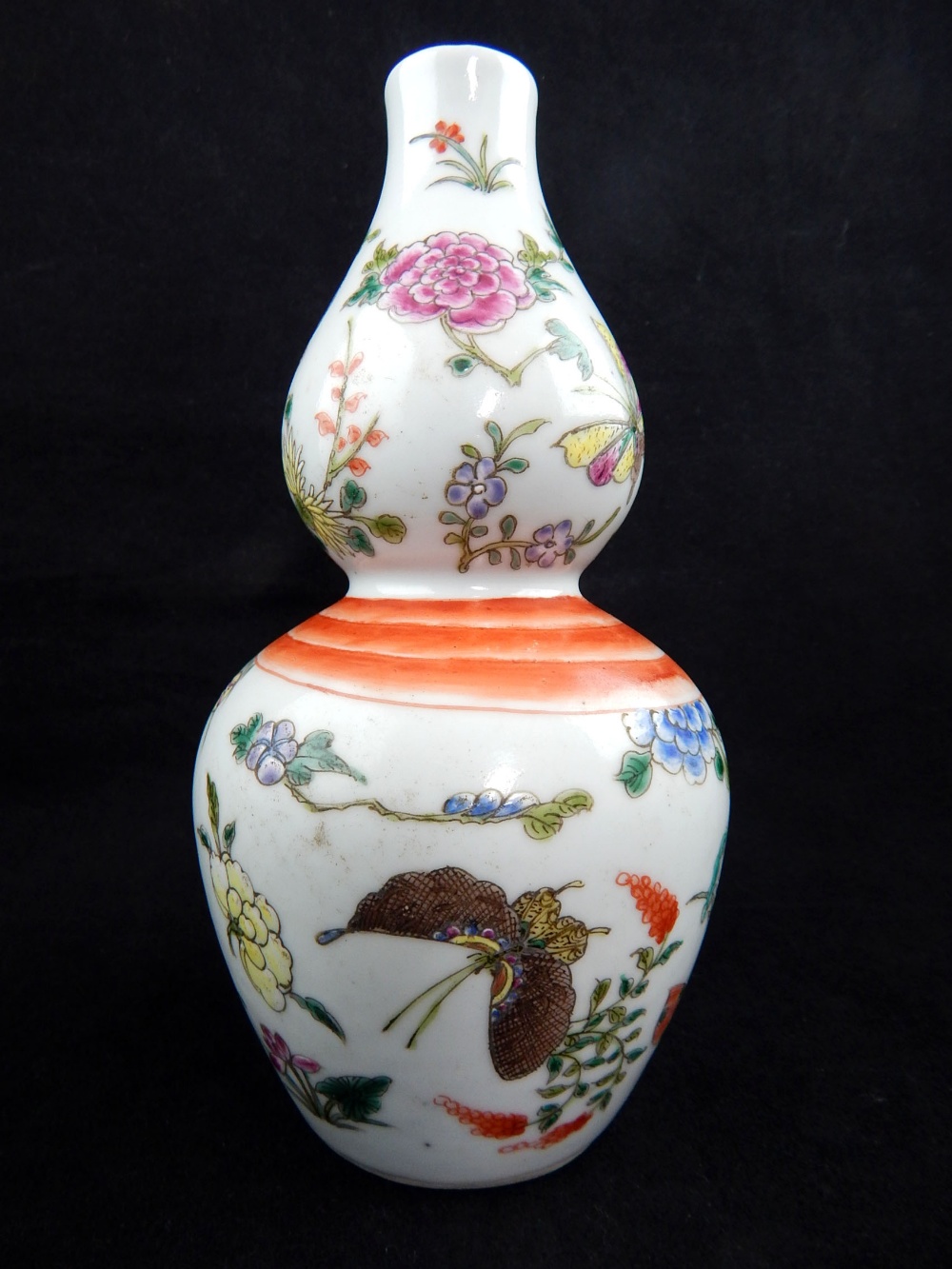 Chinese double vase, butterfly and floral enamel decoration, ribbon to neck, six ink character marks