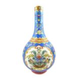 Chinese stem vase, blue ground all over floral decoration, panels with baskets & flowers, blue ink