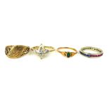 14ct yellow gold white stone dress ring, yellow metal malachite ring, eternity ring and one other