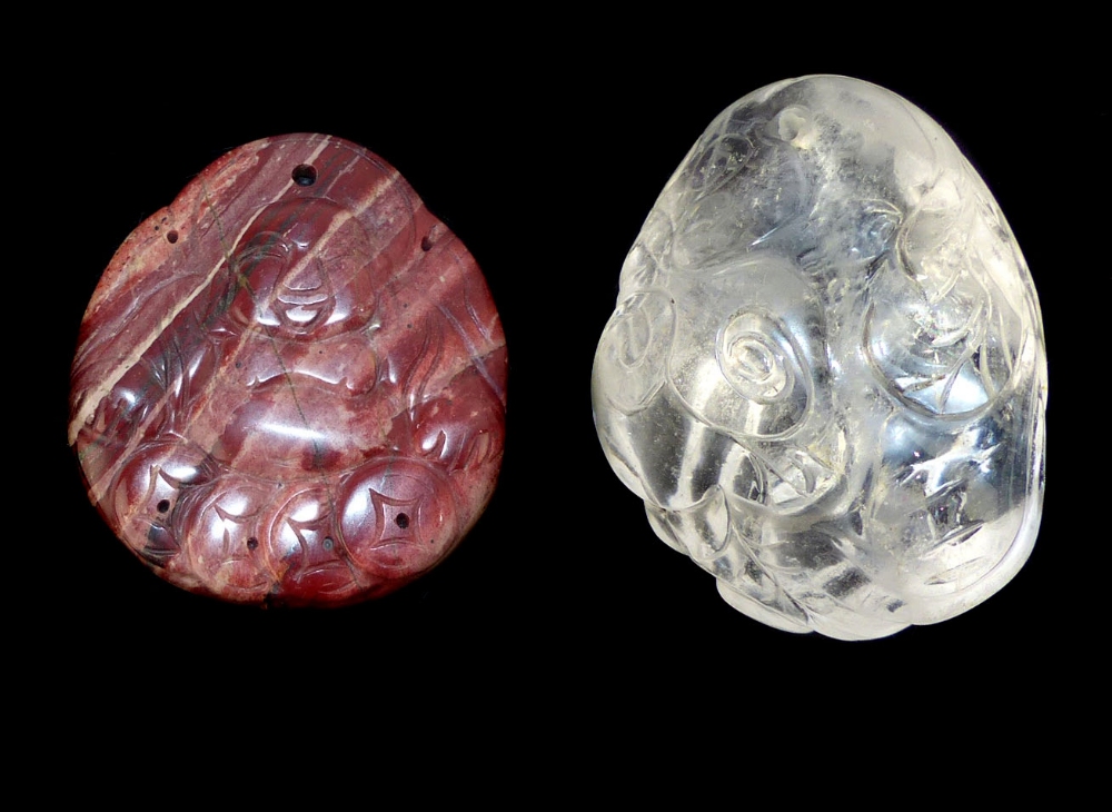 A rare Chinese carved rock crystal medallion of a pumpkin plant, sold with a striated jasper