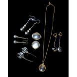 Pair of crystal orb earrings with 9ct gold band and other pendants and earrings. (5)