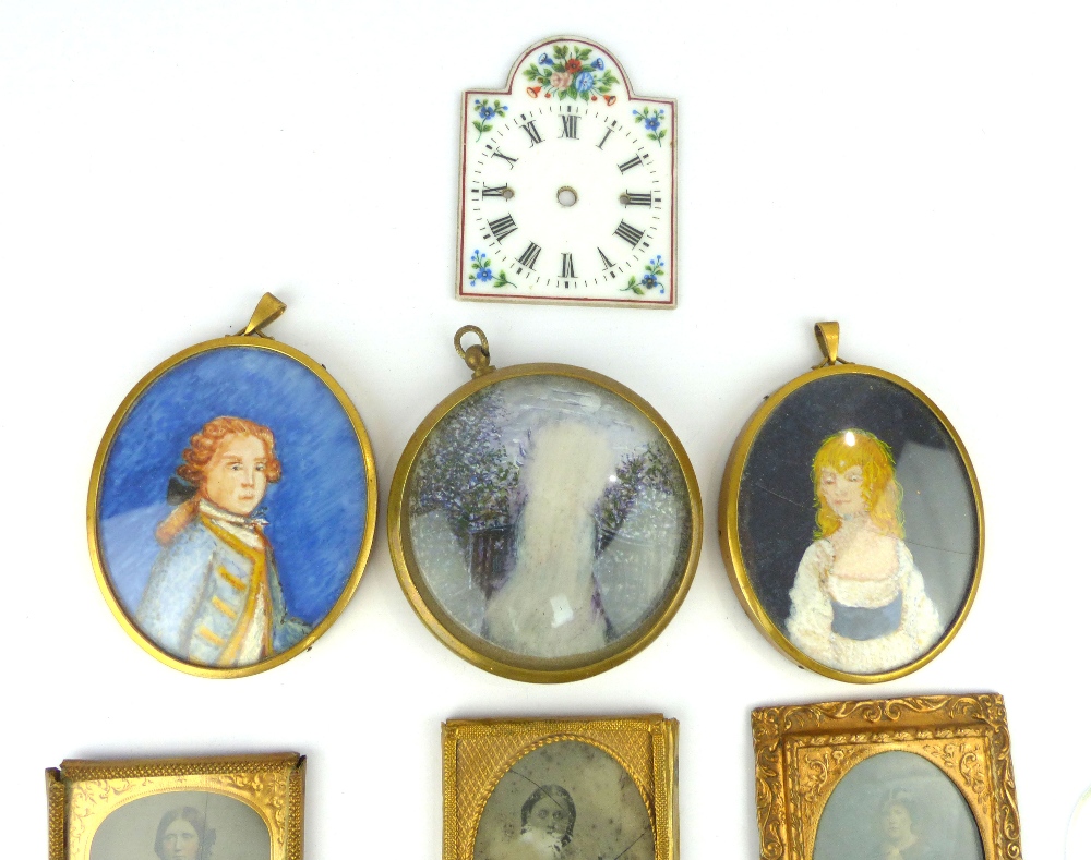 Two 19th C ambrotypes, portraits of ladies, milk glass clock face, wax seals, etc. - Image 2 of 4