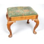 George II style walnut and upholstered stool, the rectangular needlework slip-in seat above cabriole