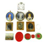 Two 19th C ambrotypes, portraits of ladies, milk glass clock face, wax seals, etc.