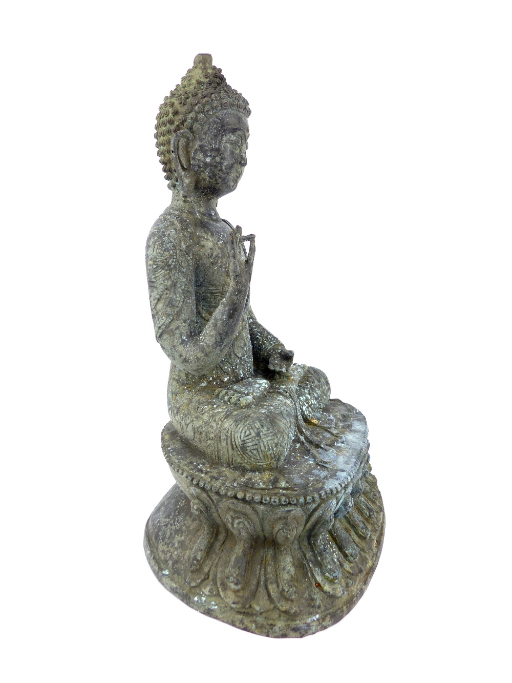 Sino Tibetan cast metal Buddha, depicted in the lotus position on oval plinth, 30 cm H. - Bild 2 aus 2