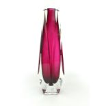 Vetro Artistico Murano red and clear glass vase, chamfered design