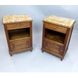 Pair of continental walnut bedside cabinets, mid 20th C, green and purple variegated marble tops,