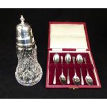 Silver and cut glass silver sugar caster, and cased set of six Art Deco silver tea spoons