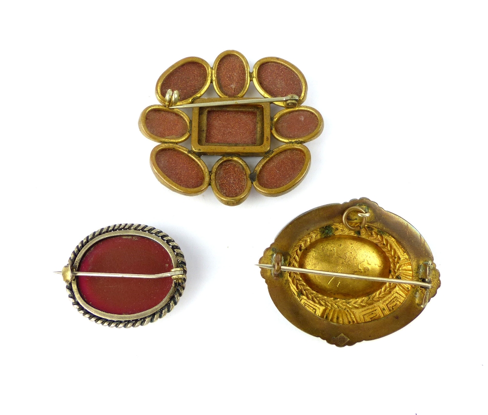 Adventurine brooch, enamel and gilt 19th C brooch and another brooch. (3) - Image 2 of 2