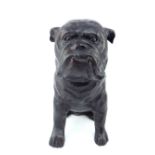 Contemporary dark patinated bronze of a seated bulldog on rectangular marble plinth, 27 cm H