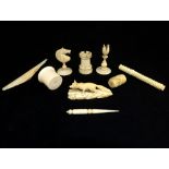 Small collection of Victorian and later bone and ivory items including needle and pin cases, bodkin,