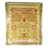 19th century needlework sampler by Ann Thomas 1856, bearing the inscription 'Remember now thy