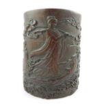 Chinese bamboo brush pot, decorated with a continuous scene of warriors, 15cm h