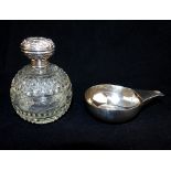 White metal pap boat inset George III crown together with a George V silver mounted cut glass