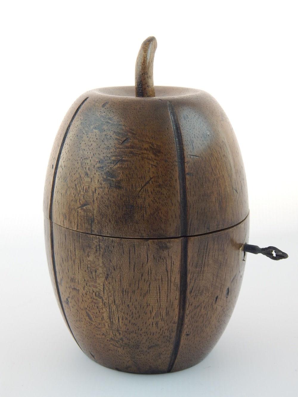 Hardwood tea caddy modelled in the form of a canteloupe, 16cm h.