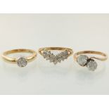 A 9ct gold and diamond ring sold with two other 9ct gold and white stone rings. (3)