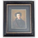 19th century Russian School, Portrait of Alexander Pushkin, oil on board, 23 x 18cm