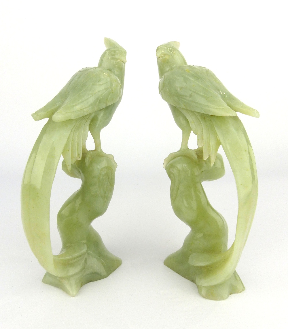 A pair of Chinese carved celadon jade phoenix birds perched on tree stumps, circa 1900s, 14cm - Image 4 of 5