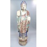 Sino Tibetan polychrome painted wood carving of Buddha, life sized, modelled standing in flowing