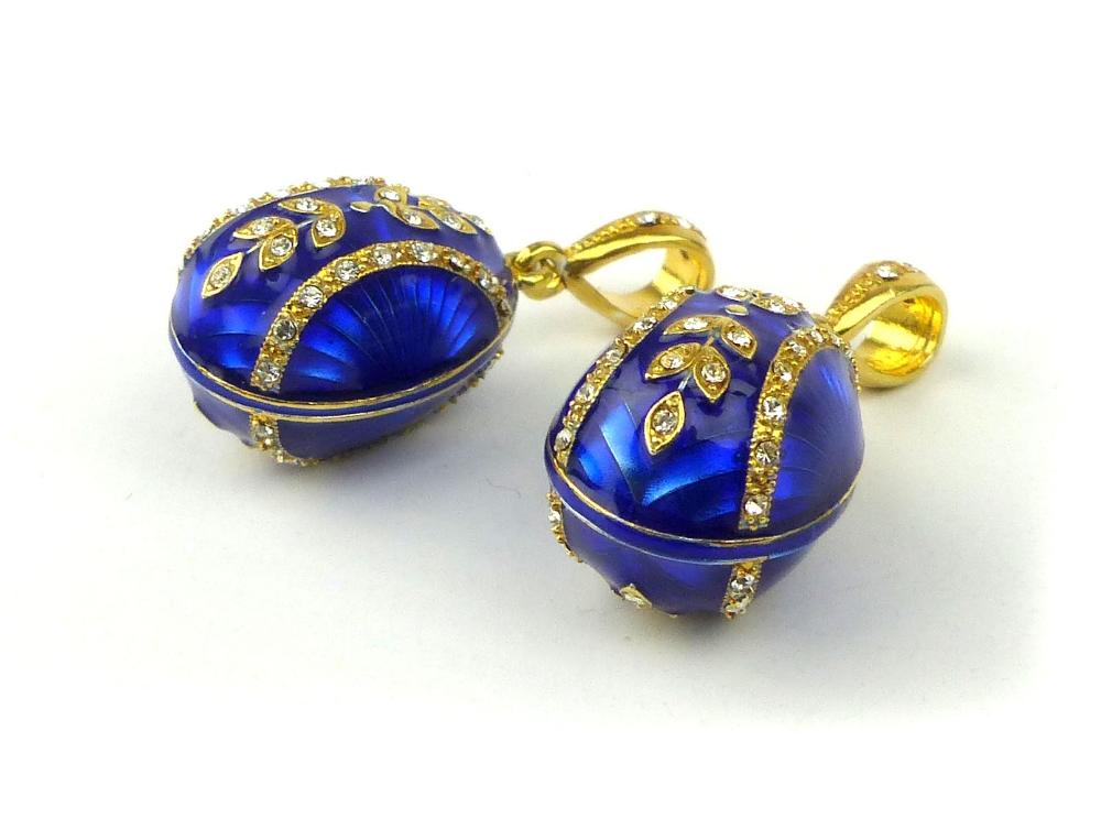Pair of blue guilloche enamel egg pendants with floral decoration. - Image 3 of 4
