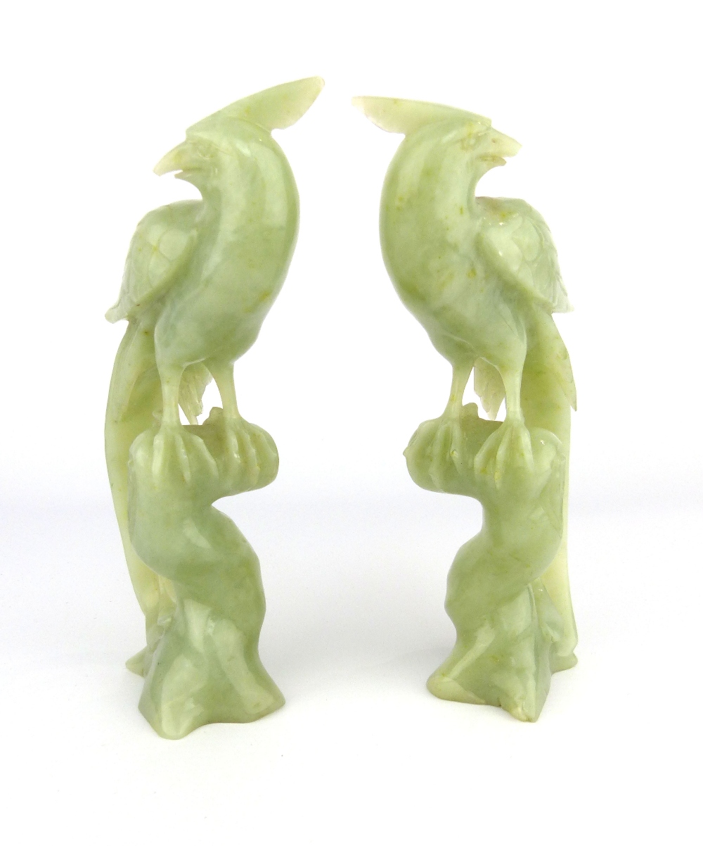 A pair of Chinese carved celadon jade phoenix birds perched on tree stumps, circa 1900s, 14cm - Image 5 of 5