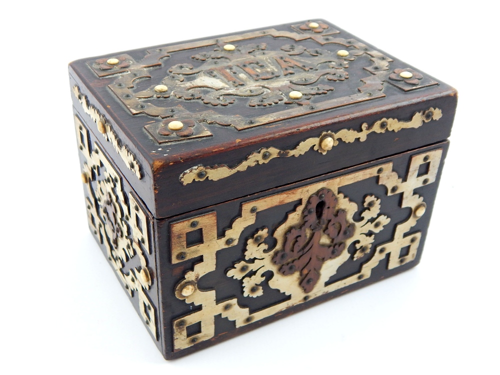 Anglo-Indian tea caddy, strap work decoration and ivorine details, 11cm h 15cm w