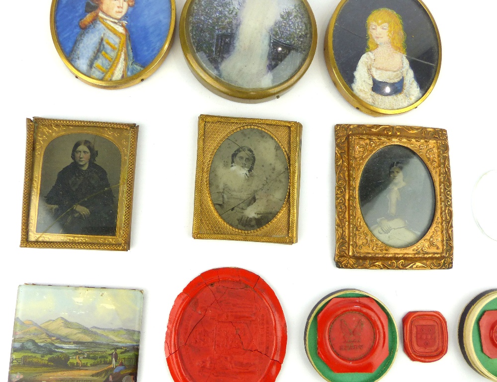 Two 19th C ambrotypes, portraits of ladies, milk glass clock face, wax seals, etc. - Image 3 of 4