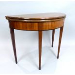 George III design mahogany demi lune folding tea table on square tapered legs, 92 cm W