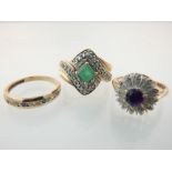 A 9ct gold green and white stone ring, a 9ct gold blue and white stone half eternity ring, and an