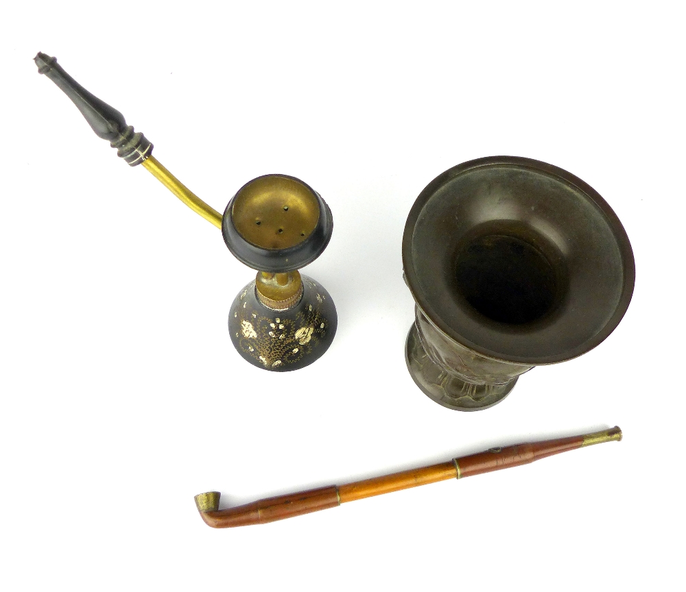 Chinese bronze opium pipe, a turned wood pipe and a small bronze vase decorated with birds among - Image 2 of 4