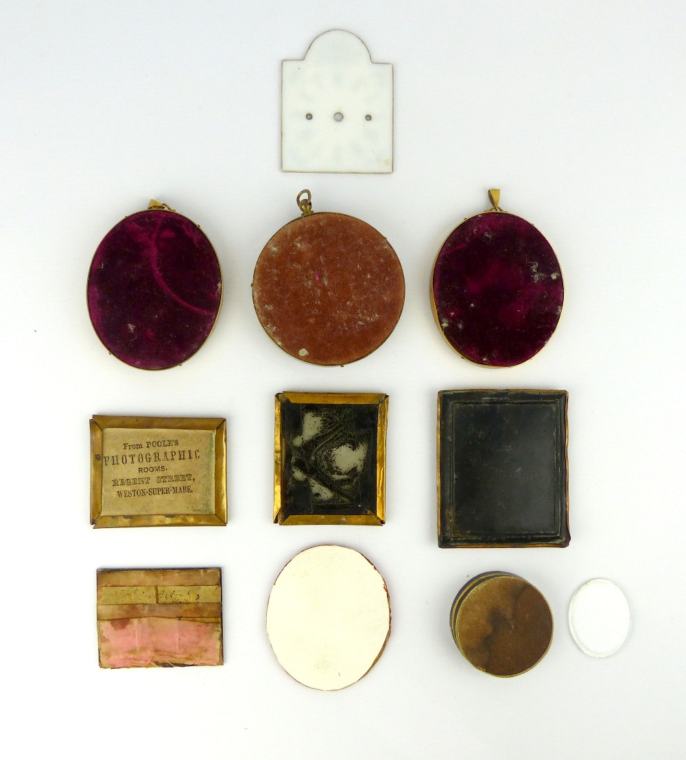 Two 19th C ambrotypes, portraits of ladies, milk glass clock face, wax seals, etc. - Image 4 of 4