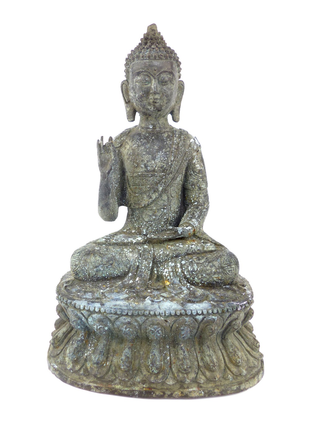 Sino Tibetan cast metal Buddha, depicted in the lotus position on oval plinth, 30 cm H.