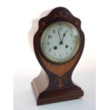 Edwardian marquetry inlaid mahogany mantel clock, the French eight day movement striking on a gong