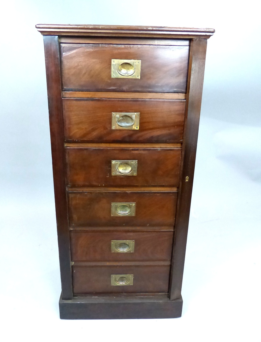 Early 19th C military Wellington chest of six drawers, mahogany, locking bar, 119 x 55.5cm.