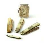 Three 19th / 20th century silver and mother of pearl fruit knives, a miniature pocket knife and a