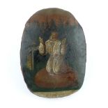 A rare 17th C painting, of a kneeling saint, on a tablet of igneous rock, indistinctly inscribed