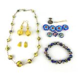 Murano style glass necklace, a pair of gilt glass earrings and two pendants and other modern