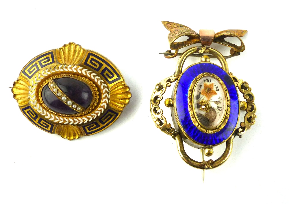 Victorian brooch, Greek key laurel enamel decoration, 4.3cm l. and another brooch with blue enamel