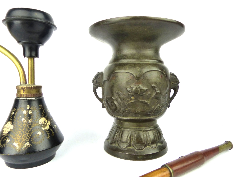 Chinese bronze opium pipe, a turned wood pipe and a small bronze vase decorated with birds among - Image 3 of 4